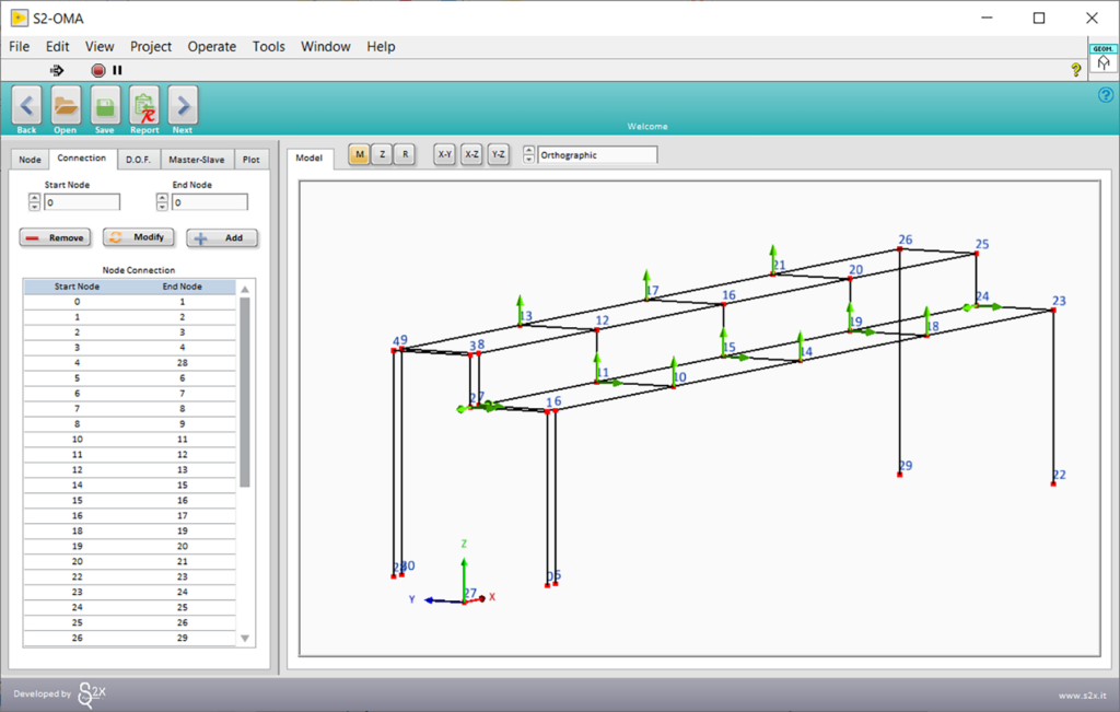 3D structural model showcasing nodes and elements in S2-OMA software, illustrating geometry and analysis setup for engineering applications.