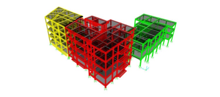Alternative text: 3D architectural model showcasing colorful structural frames in yellow, red, and green, representing modern building design solutions.