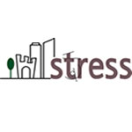 A minimalist logo design featuring the word stress with an urban skyline, promoting stress management in city environments.
