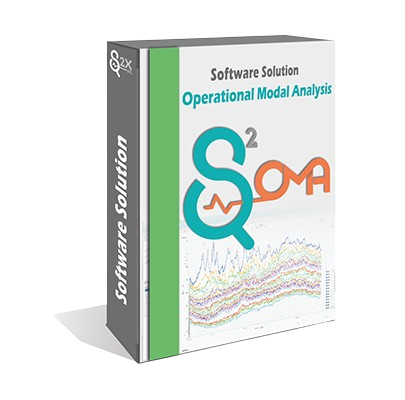 Software box for S²OMA, offering Operational Modal Analysis solutions with a colorful graph illustration on the side. Ideal for engineering applications.