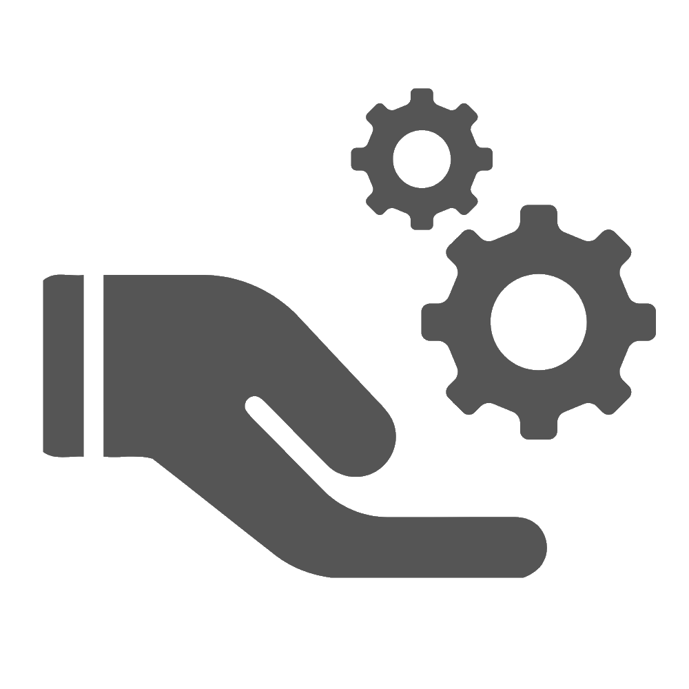 Illustration of a hand holding a gear, symbolizing service and support, featured on the HOME page to represent our diverse offerings and solutions.