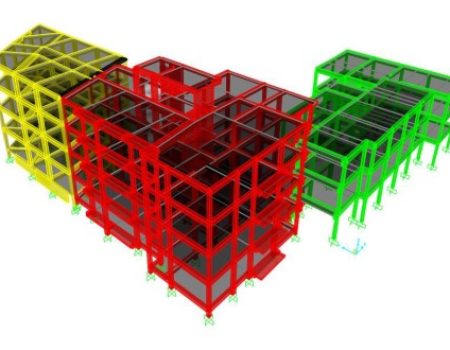 Alternative text: 3D architectural model showcasing colorful structural frames in yellow, red, and green, representing modern building design solutions.