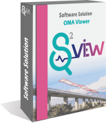 Software box for Q2View software, featuring OMA Viewer, depicting a bridge with a structural health monitoring visualization.