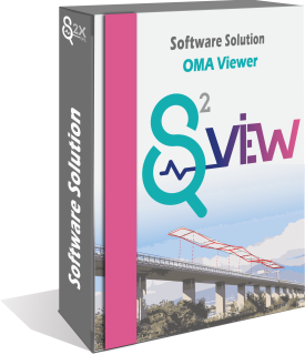 Software box for Q2View software, featuring OMA Viewer, depicting a bridge with a structural health monitoring visualization.